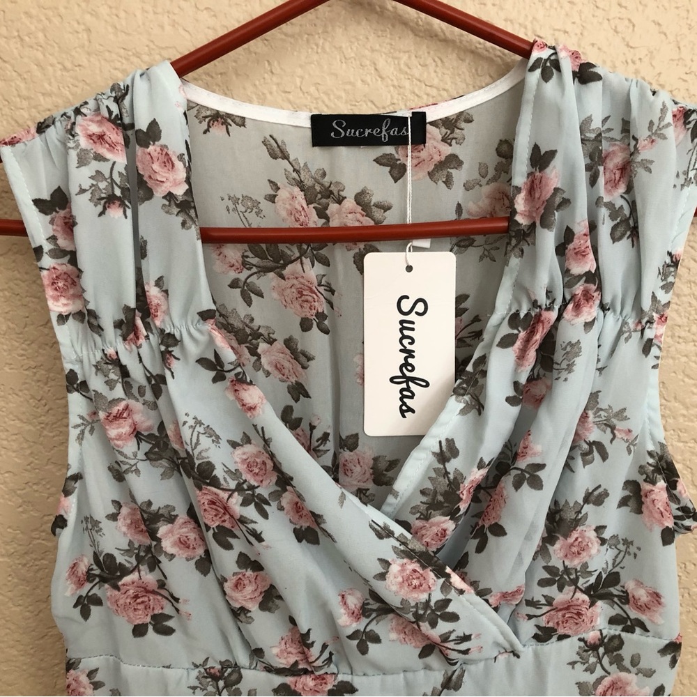 Sweet Pea Light Blue Midi Dress with Pink Floral Print - Picture 2 of 7